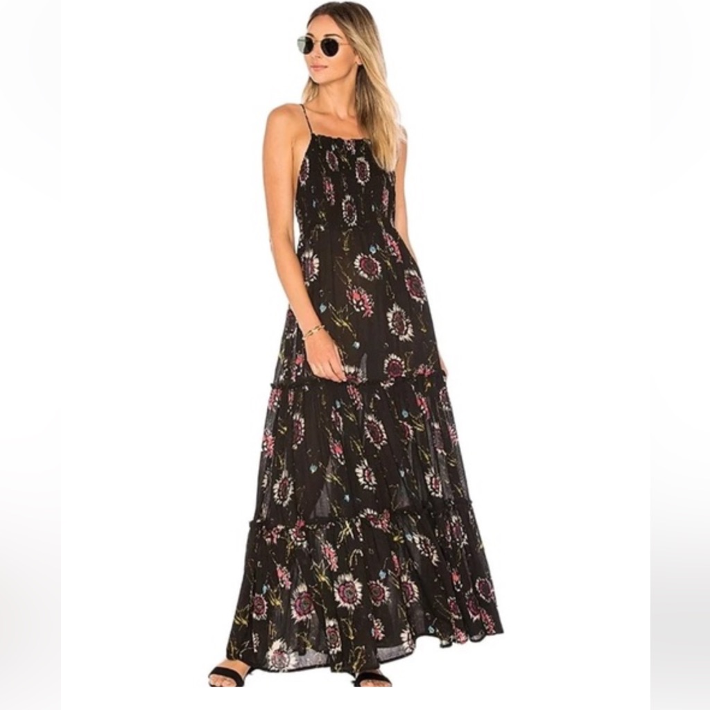 Free People Black Floral Maxi Dress With Pink And Green Accents